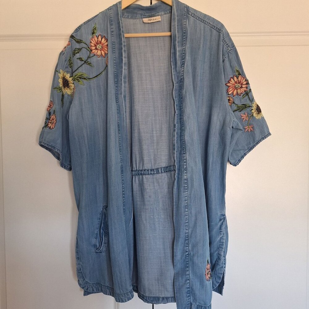 💙 Style & Co Embroidery 100% Lyocell Cardigan Kimono Size XL/2X Cottage Boho Ca